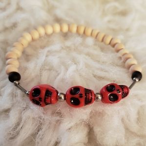 Trio of Red Skulls & Wood Beaded Bracelet
